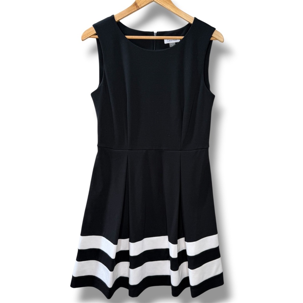 Calvin Klein Black White Striped Hem Fit Flare Ponte Dress‎ Women's 10